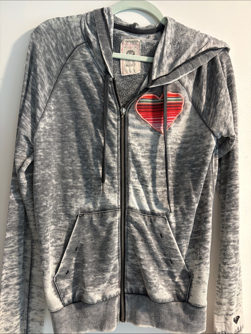 Vintage Y2K- Roxy Gray Zip Hoodie with Striped Heart Patch
